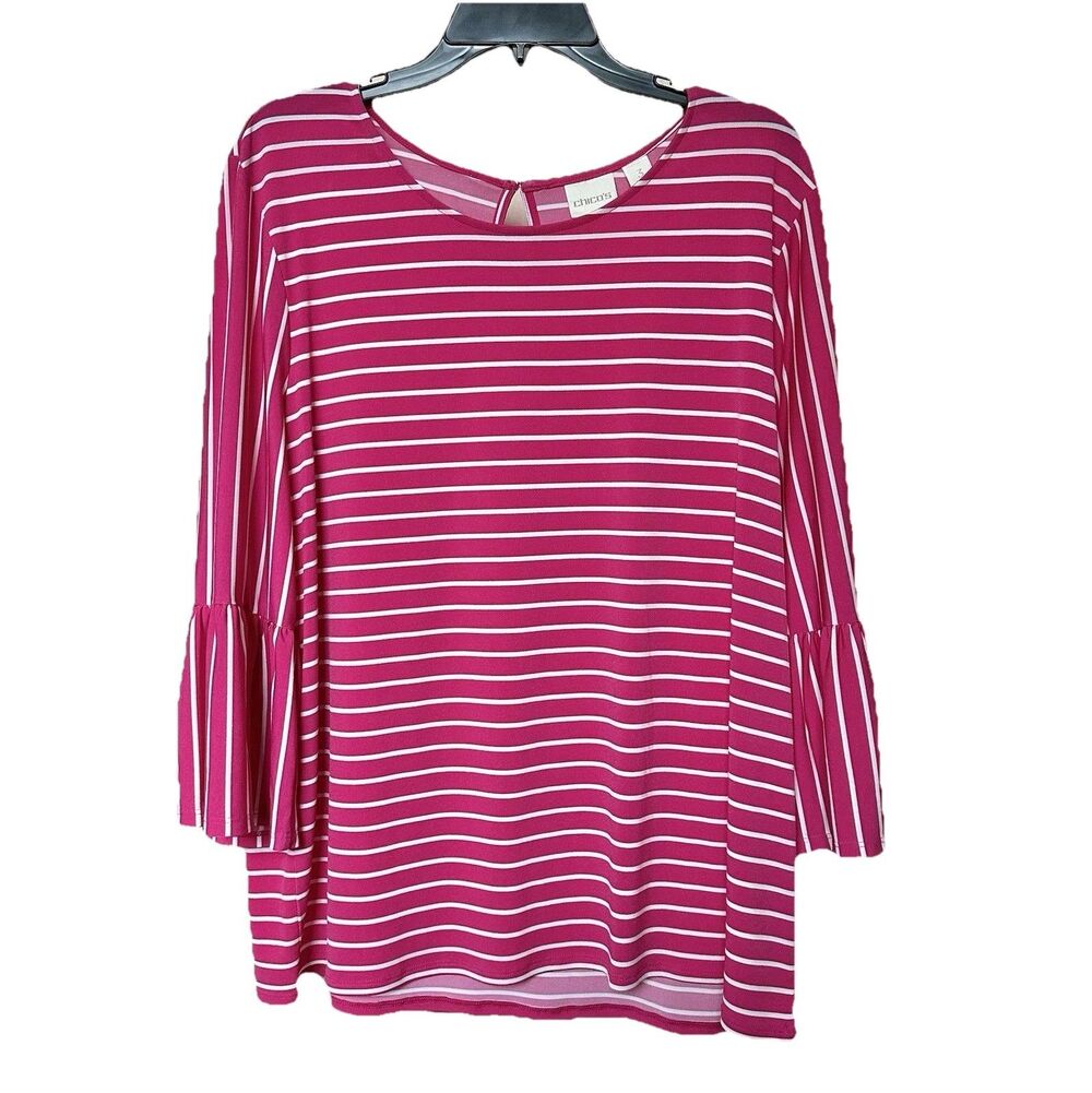 Chico's Top Women's 3 XL Blouse Bell Sleeve Stretch Striped Pink Spring Twee Y2K